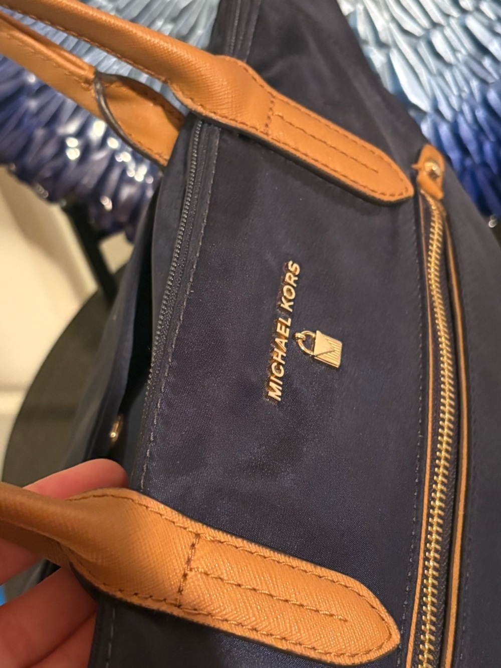 Michael Kors Navy Nylon Tote Bag with Brown/Tan Leather Handles - Picture 6 of 6